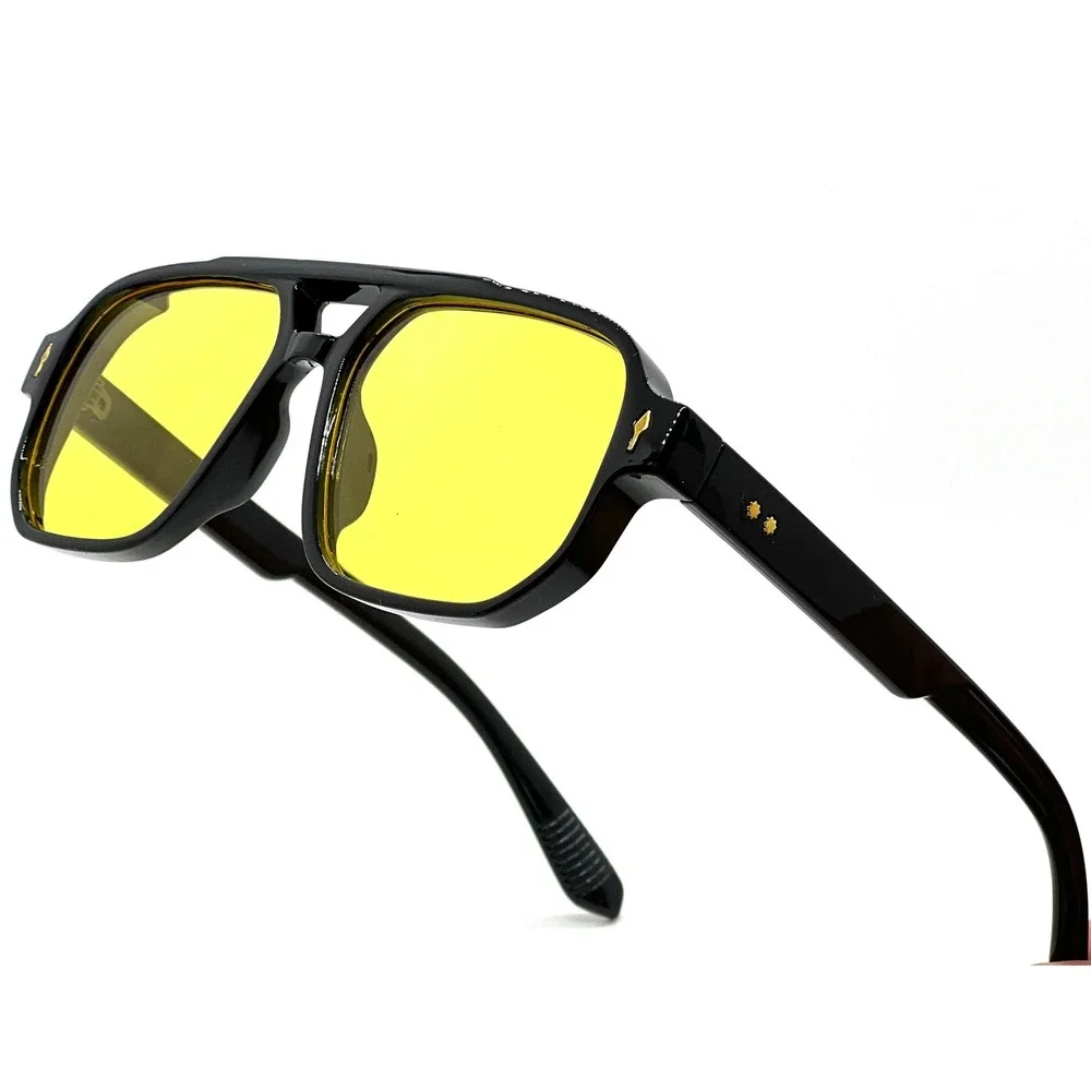 Mens‎ Retro Sunglasses Fashion Designer Black Frame Yellow Lens Square 70s Style